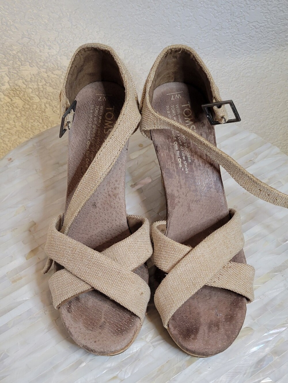 Toms Natural Canvas Crisscross Wedge Sandals Size 7W